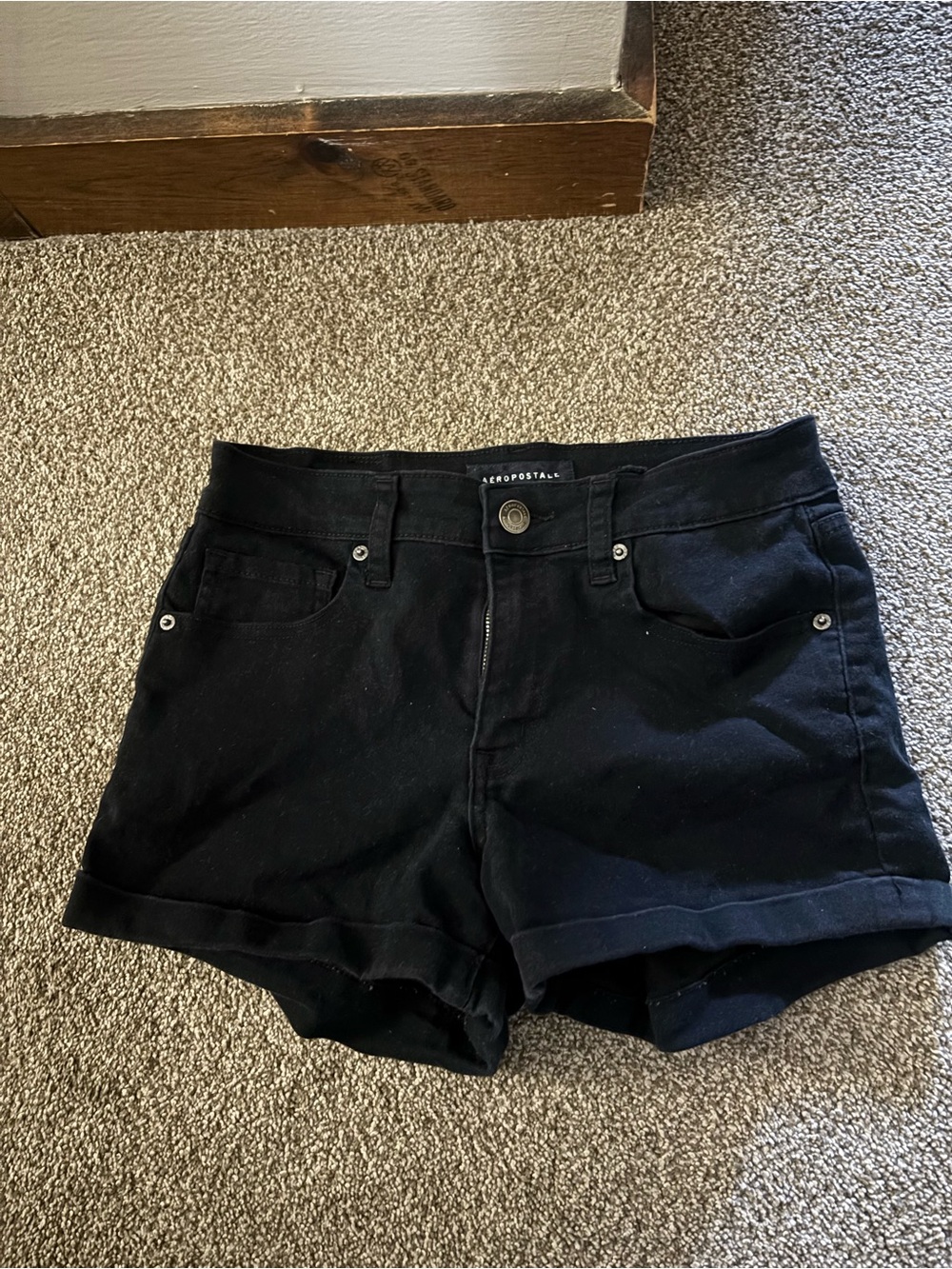 Aeropostale Black Denim Roll Cuff Women's Shorts High Rise Midi